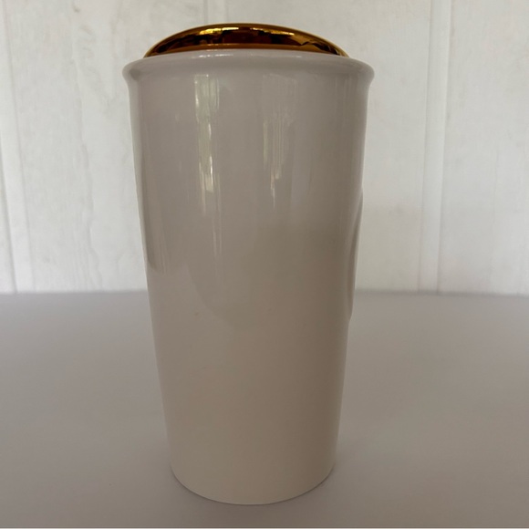 STARBUCKS 2015 CERAMIC ZIPPER MUG WITH LID WHITE/GOLD 10 OUNCE NWT - Picture 6 of 11